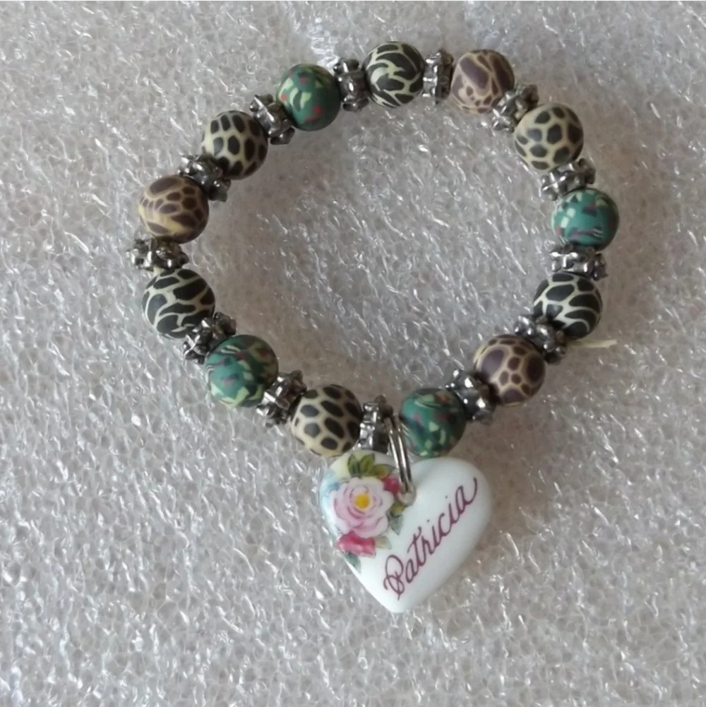 Patricia Personalize Heart Charm Clay Beads Beaded Stretch Bracelet
